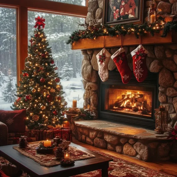 Christmas decor ideas for living room shelves and farmhouse style space with custom elements