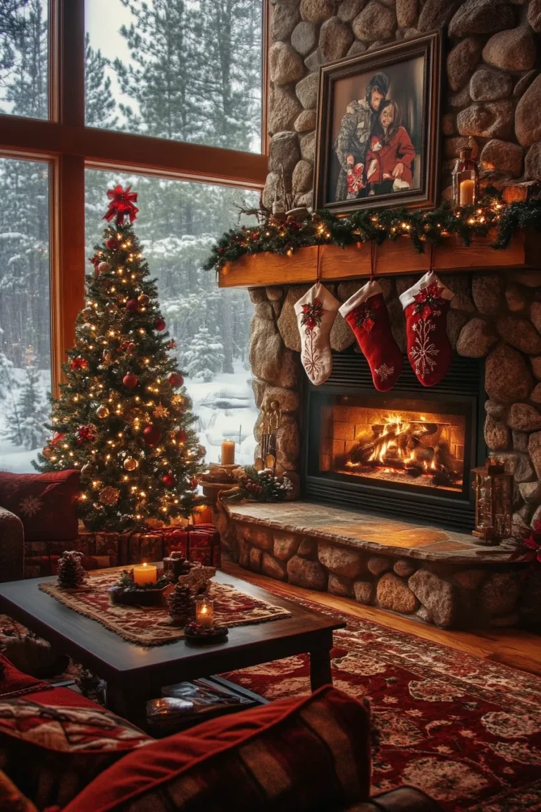 Christmas decor ideas for living room shelves and farmhouse style space with custom elements