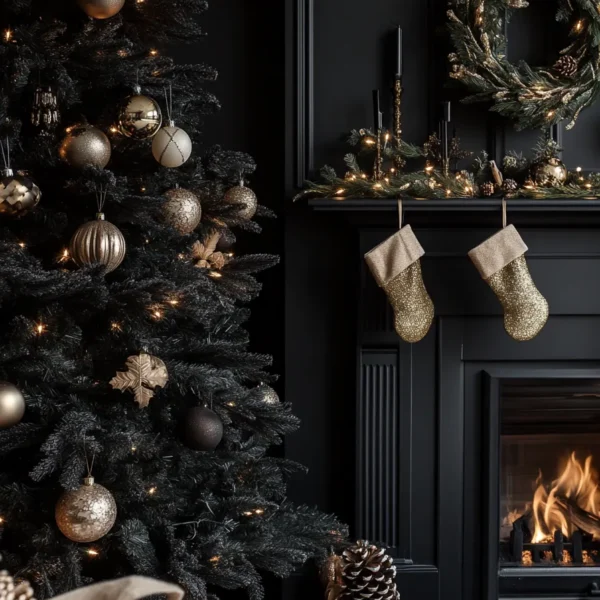 Coastal inspired Christmas setting with black and gold Christmas party decor pine cone ornaments and elegant tree decorations