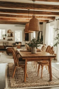 Cottage modern dining room featuring open floor plan, warm wood tones, and modern cottage dining room lighting