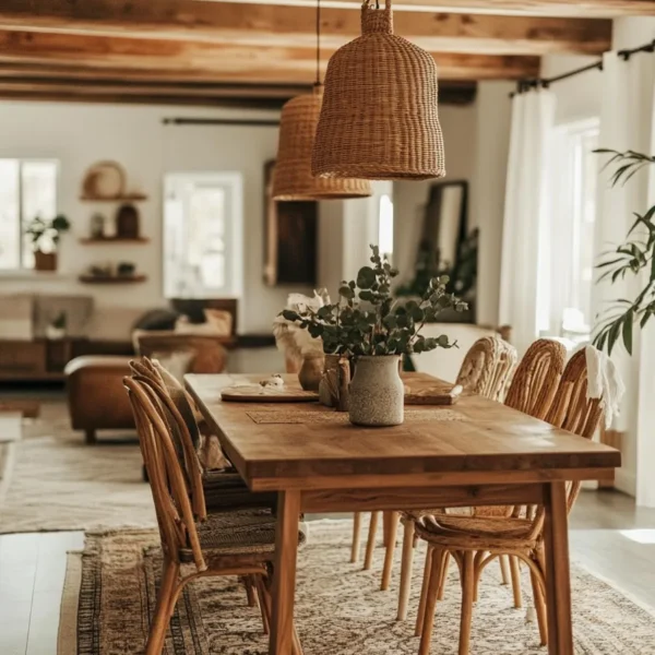 Cottage modern dining room featuring open floor plan, warm wood tones, and modern cottage dining room lighting