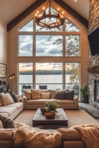 Cozy lake house living room with vaulted ceiling rustic chandelier and sectional living room lake house setup