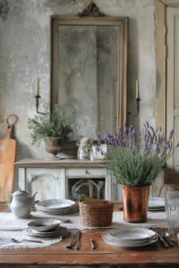 Dining room design French country style with rustic table and French country dining room wainscoting