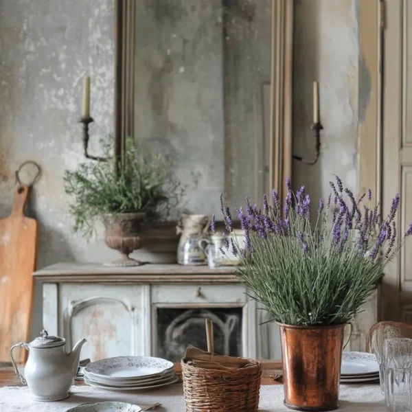 Dining room design French country style with rustic table and French country dining room wainscoting