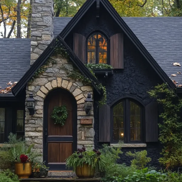 Enchanting dark cottagecore house aesthetic combines Gothic and rustic elements in atmospheric woodland setting
