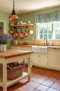 Kitchen pendant lights over island French country style in a rustic French country kitchen with wooden elements