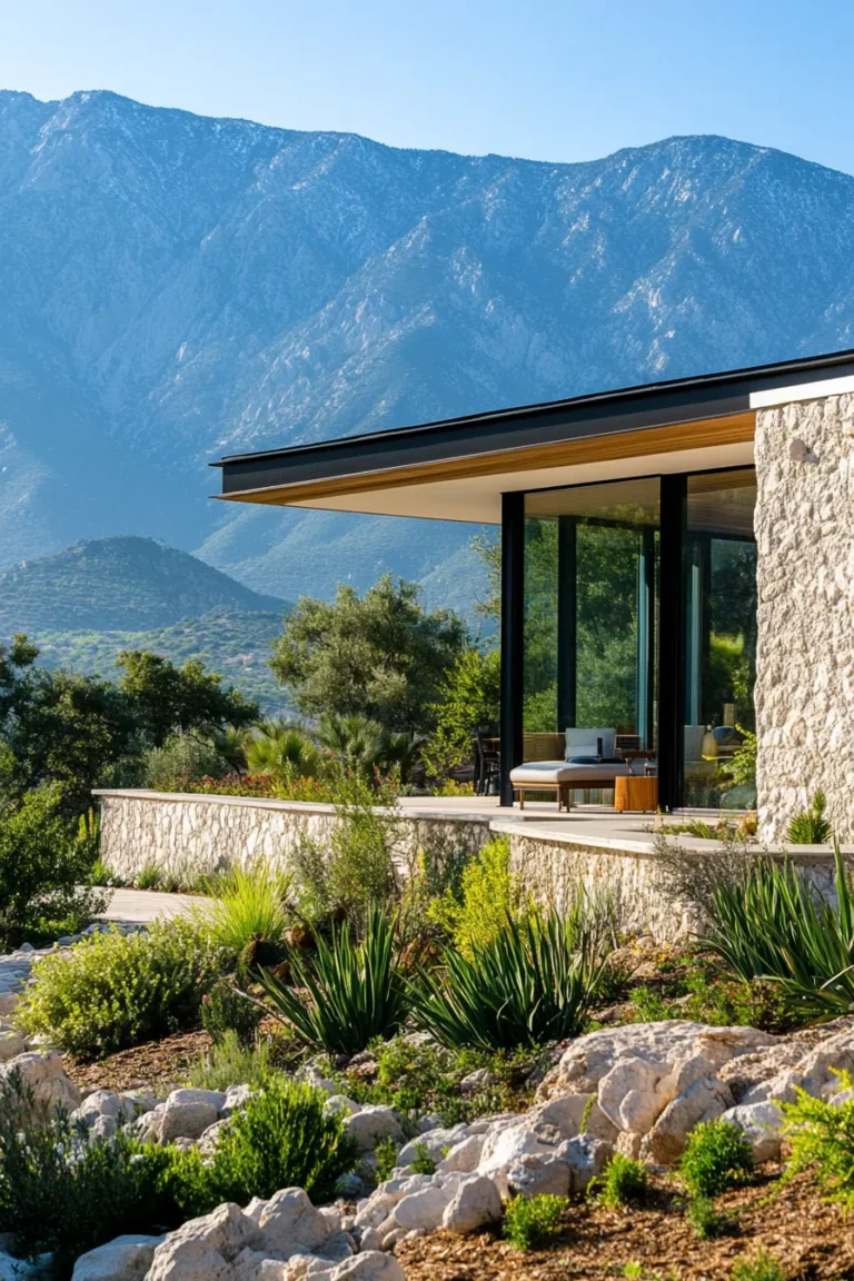 Modern country ranch house exterior with steep roofline and cantilevered deck integrating with rugged natural landscape