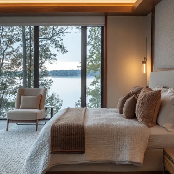Modern lake house bedroom with layered lighting and lake house bedroom decor ideas for a cozy atmosphere