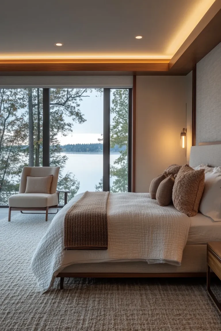 Modern lake house bedroom with layered lighting and lake house bedroom decor ideas for a cozy atmosphere