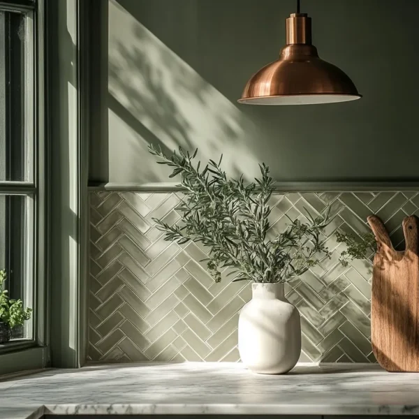 Modern sage green kitchen cabinets gold hardware herringbone tile backsplash marble countertops pendant light wooden floor