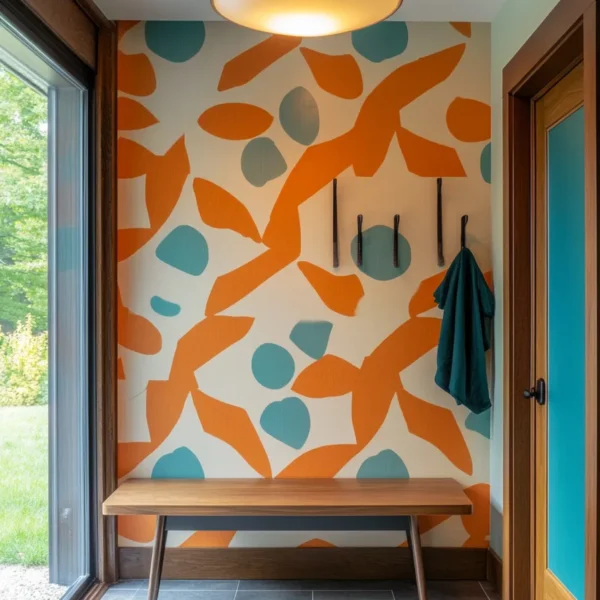 Mudroom mid century modern with orange and teal geometric wallpaper, wooden bench, and mid century modern mudroom coat hooks