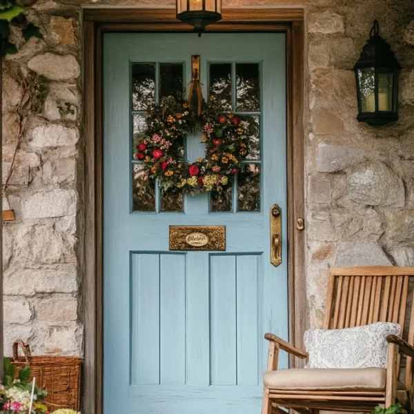 Rustic english garden entrance with stone exterior and english doors entrance adorned with seasonal wreath