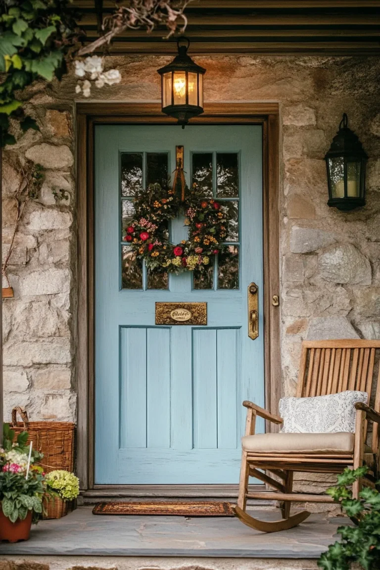 Rustic english garden entrance with stone exterior and english doors entrance adorned with seasonal wreath