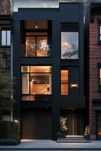 Sophisticated greige house exteriors black windows complemented by weathered wood details in urban setting