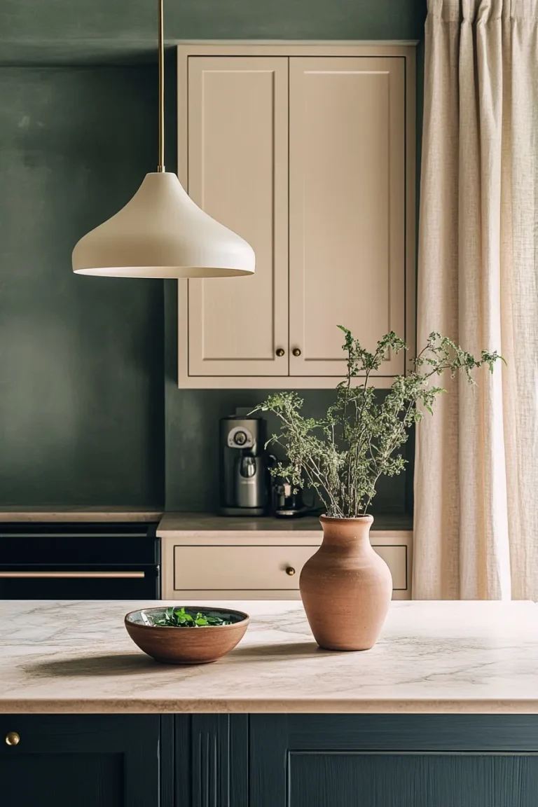 Warm kitchen featuring accessible beige kitchen cabinet designs complemented by wood floors and artisanal ceramics