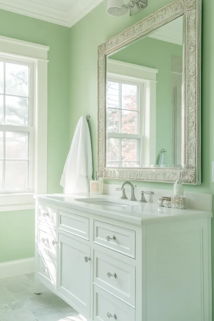 Airy bathroom design with sage green cabinets and white elements, maximizing space with strategic mirror placement