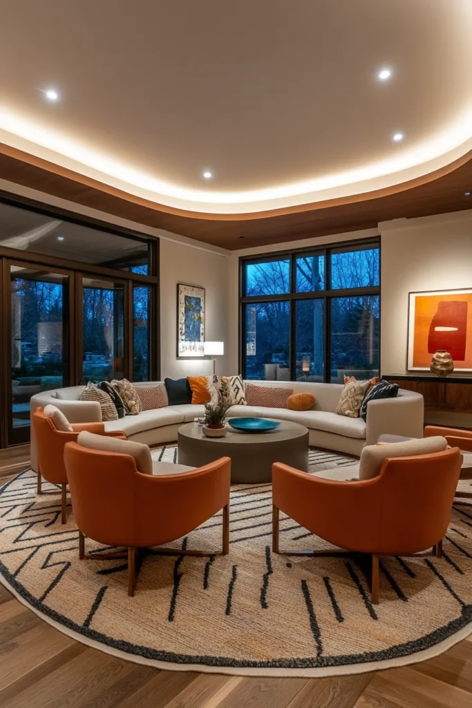 Apartment aesthetic mid century modern showcased in living room with geometric rug and mid century modern apartment style