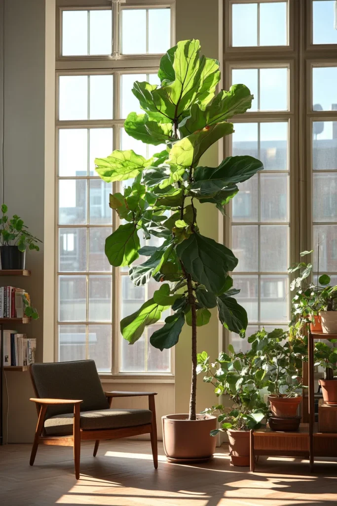 Apartment aesthetic mid century modern with large windows and indoor plants creating natural ambiance