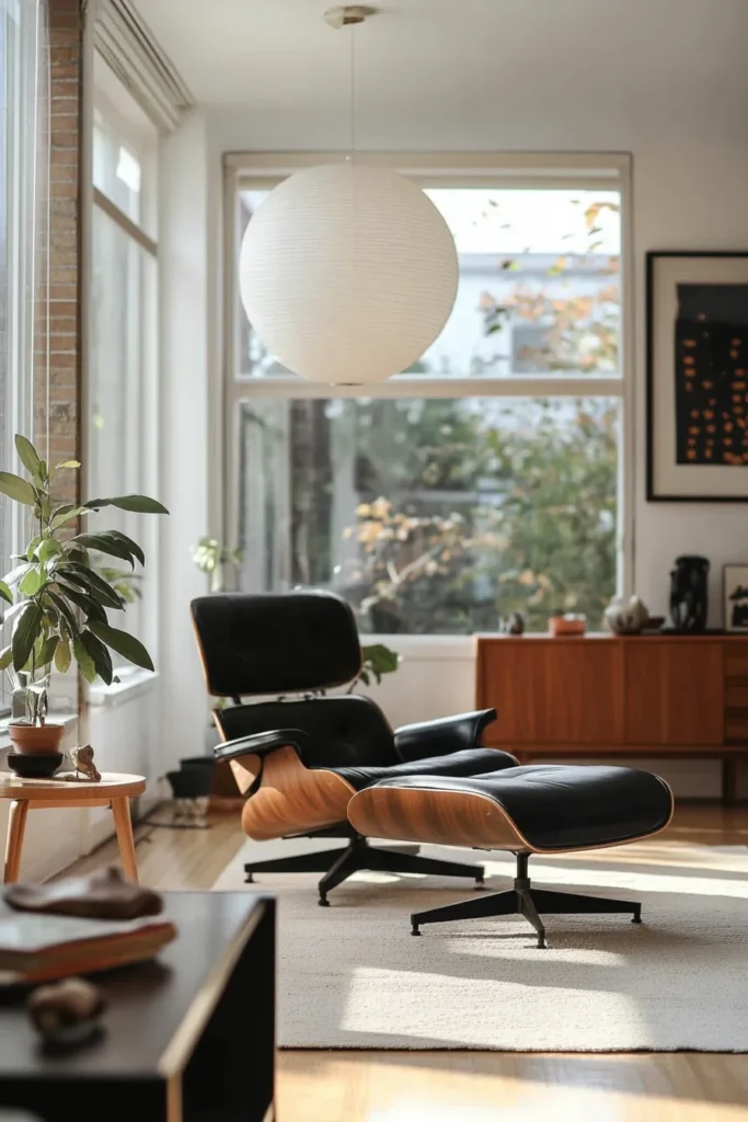 Apartment mid century modern interior featuring mid century modern apartment aesthetic with clean lines and warm wood tones