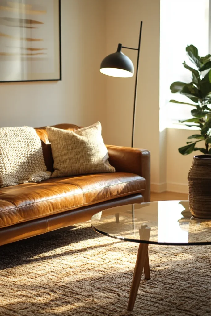 Apartment mid century modern living room featuring leather sofa glass coffee table and mid century modern kitchen apartment glimpse