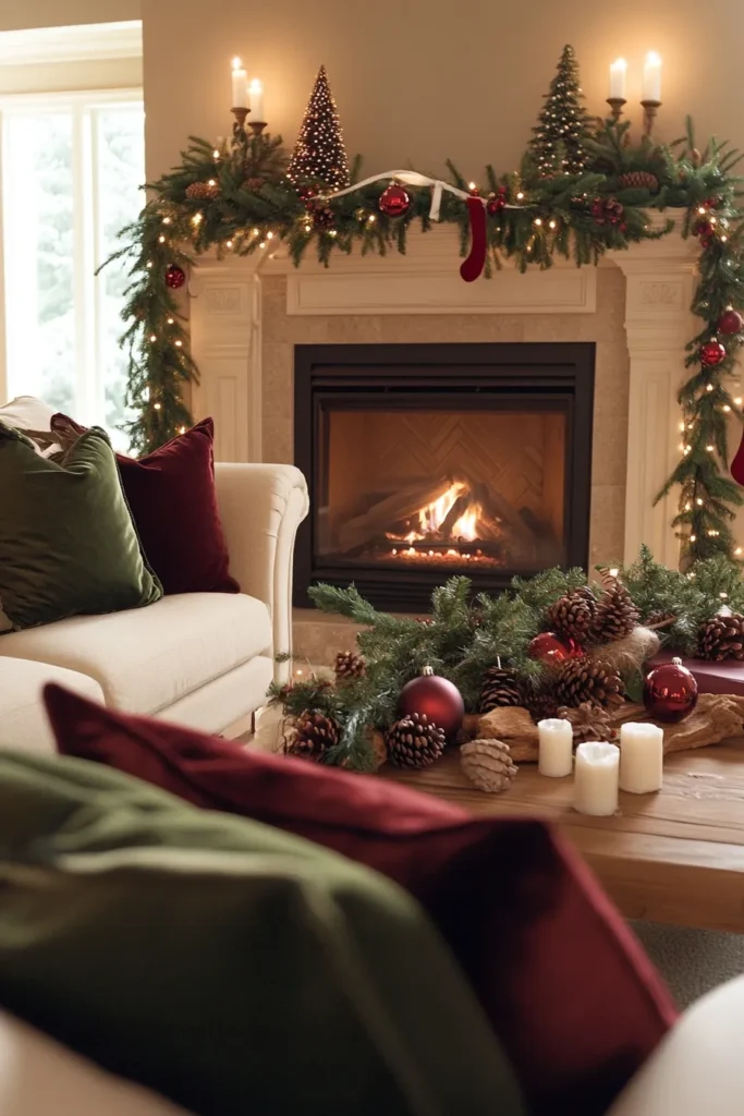 Balanced rustic Christmas color palette in cozy living room with fireplace garlands and natural elements