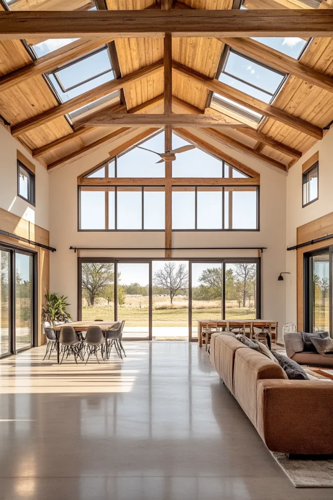 Barndominium interior ideas blending rustic charm with contemporary design maximizing natural light through large windows