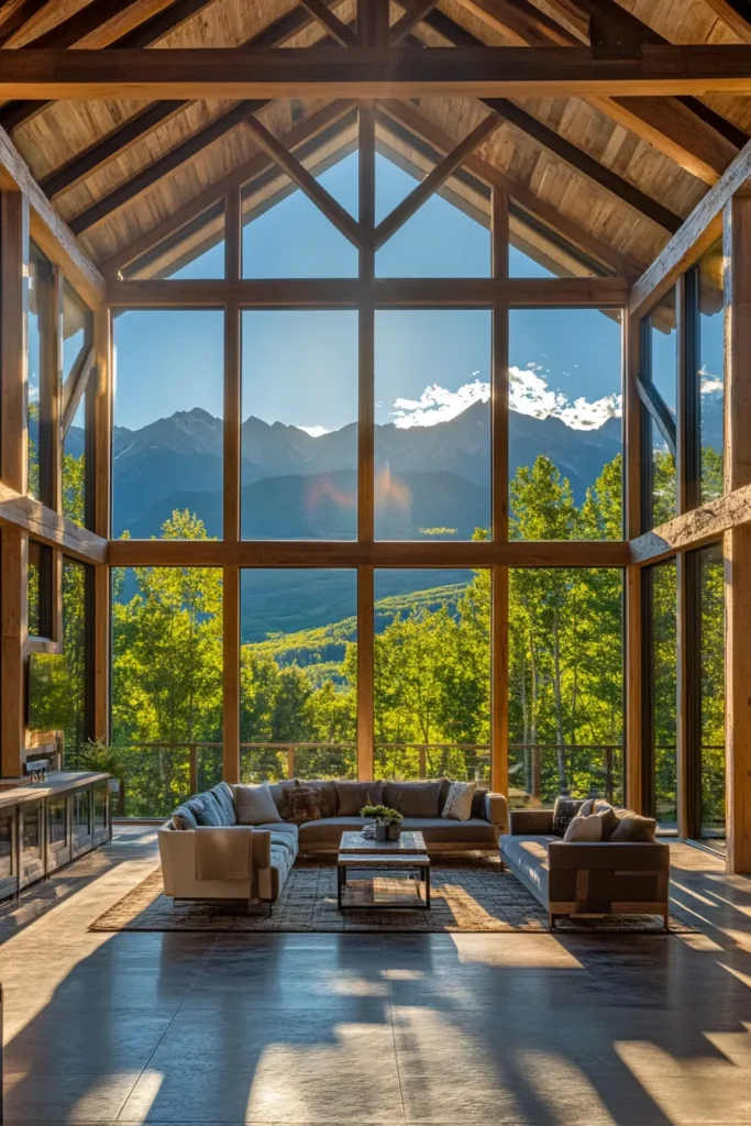 Barndominium interior ideas featuring floor to ceiling windows with mountain views and rustic wood beams