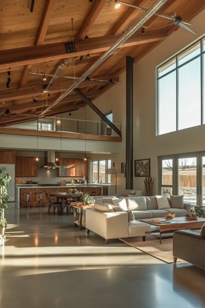 Barndominium interior ideas featuring high ceilings large windows and neutral colors for an open airy feel