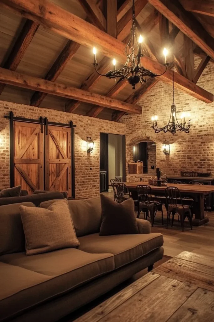 Barndominium interior ideas on a budget featuring warm lighting rustic beams and comfortable furniture in an open concept design