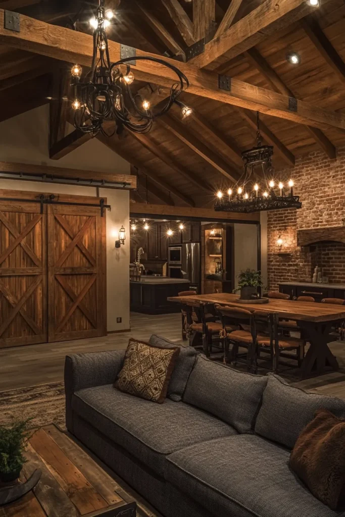 Barndominium interior ideas with pendant lights exposed brick and rustic decor creating a warm inviting atmosphere