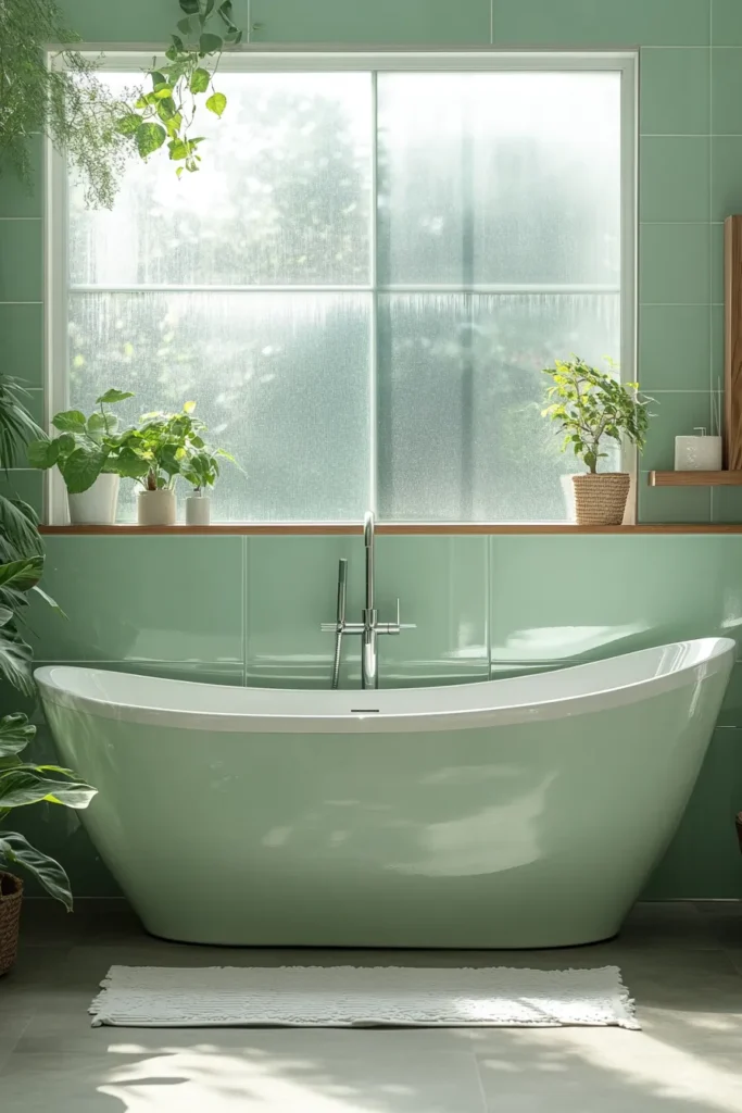 Bathroom with sage green walls and cabinets featuring modern fixtures and natural light for a calming retreat