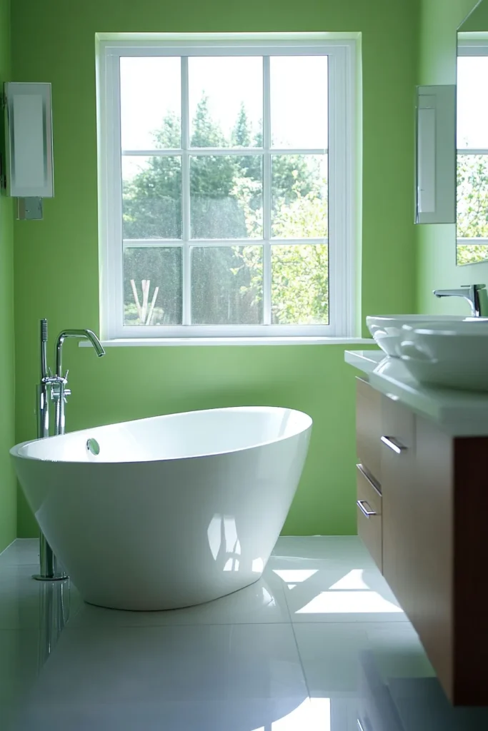 Bathroom with sage green walls and white porcelain fixtures chrome accents create fresh airy atmosphere