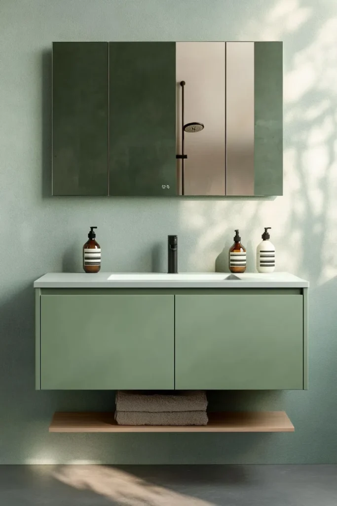 Bathroom with sage green walls featuring floating vanity and black fixtures for modern contrast