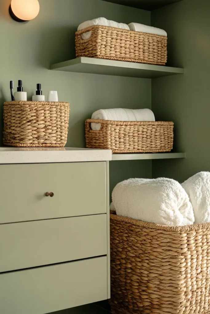 Bathroom with sage green walls featuring herringbone tile and woven baskets for organized storage