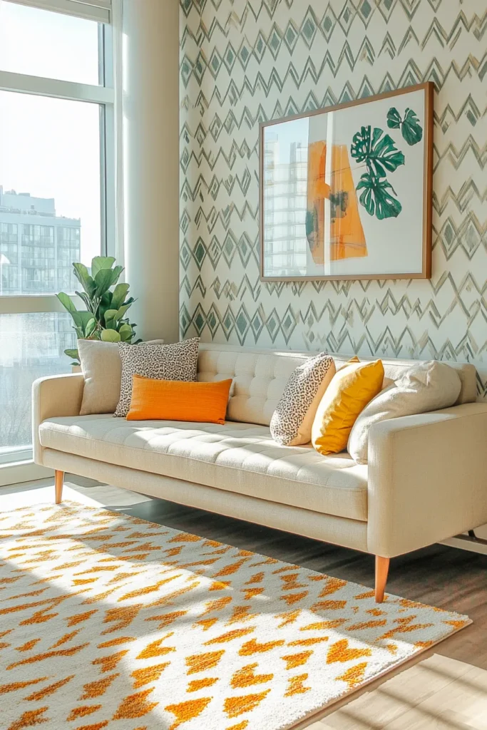 Bright mid century modern apartment aesthetic living room with geometric patterns and minimalist furniture