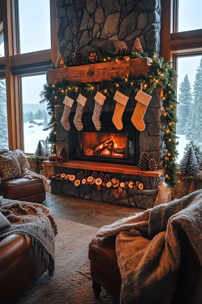 Cabin inspired space showcasing rustic Christmas color scheme with wood elements and twinkling lights