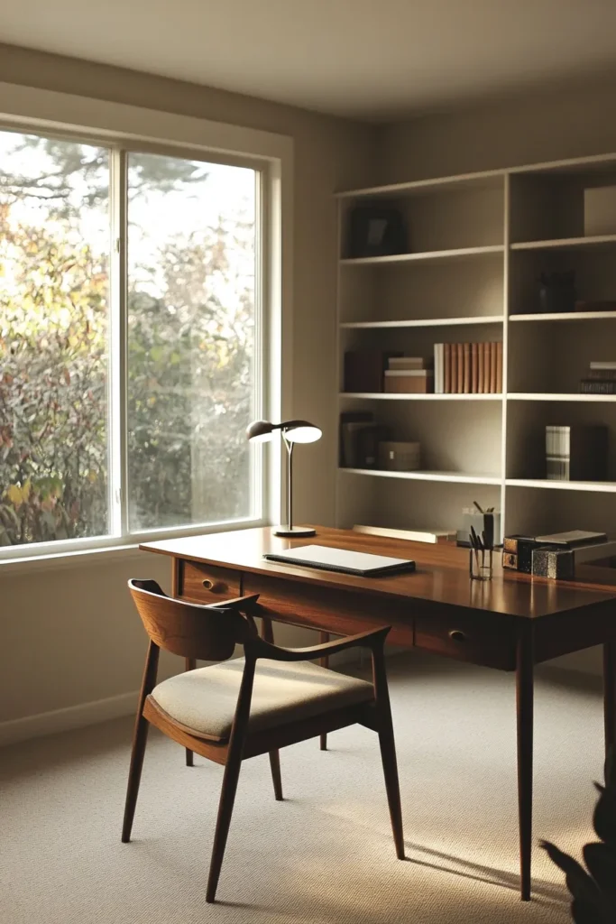 Calm and focused mid century modern boho home office with sparse decor and natural light home office mid century modern