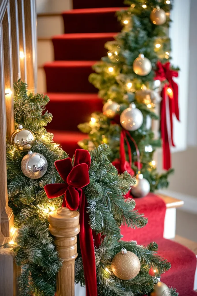 Charming Christmas staircase featuring staircase Christmas decor railings easy to replicate with garlands and ribbons