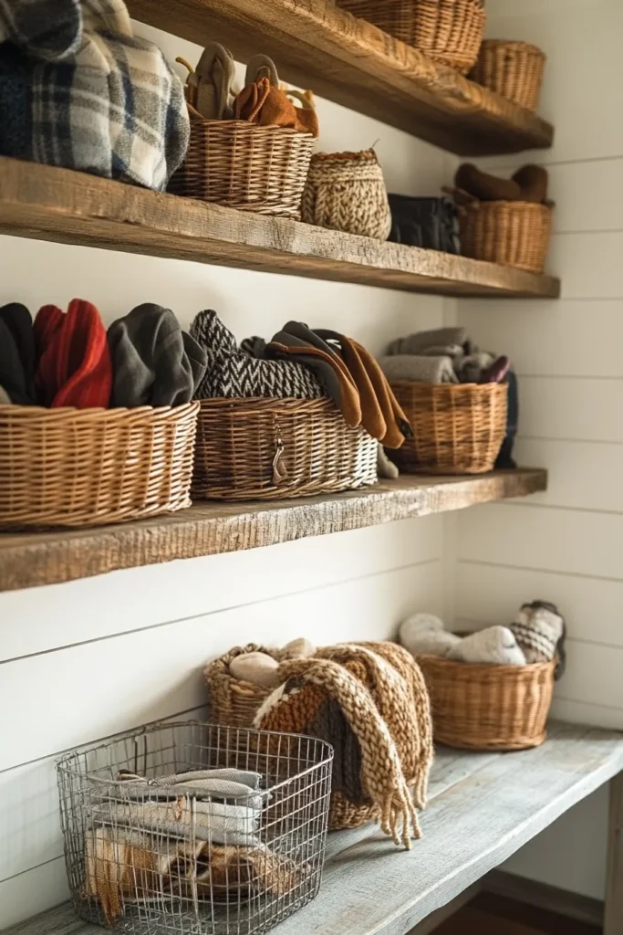 Charming French country mudroom ideas showcasing wooden shelves wicker baskets and weathered bench for organized entryway