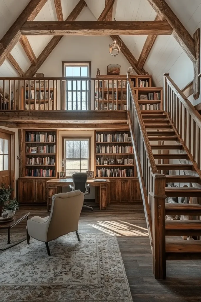 Charming barndominium interior ideas on a budget with a loft office and reading nook