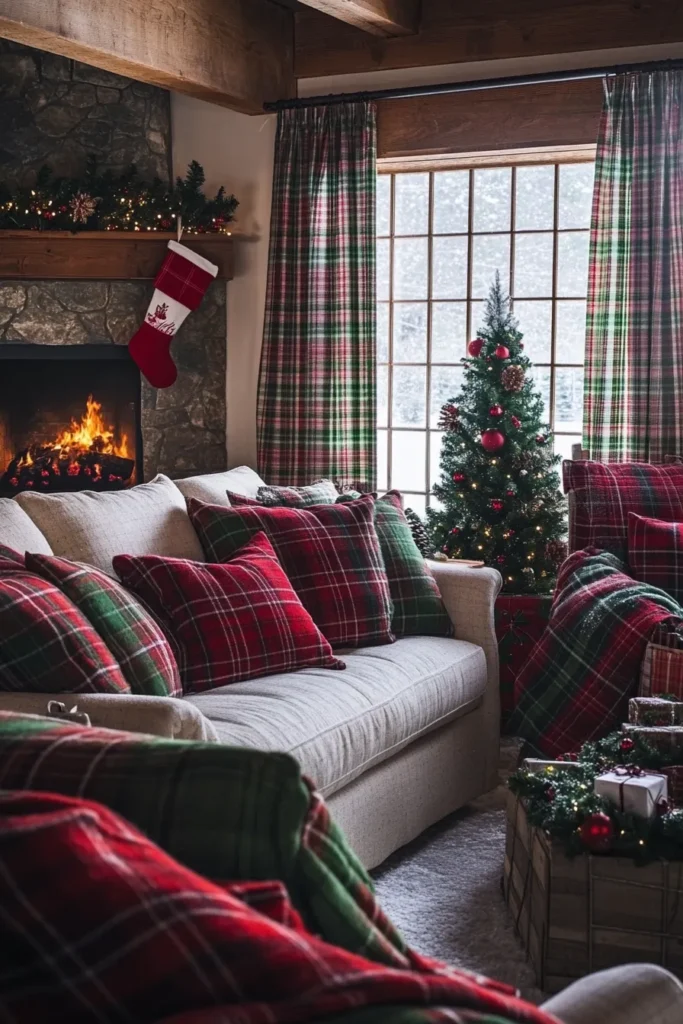 Charming farmhouse living room christmas scene with plaid blanket festive stockings and decorated tree