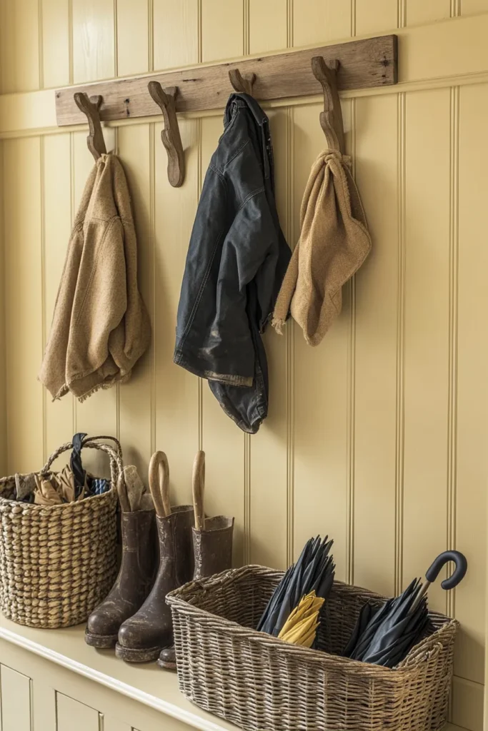 Charming french country mudroom featuring durable washable walls and practical storage french country mudroom ideas