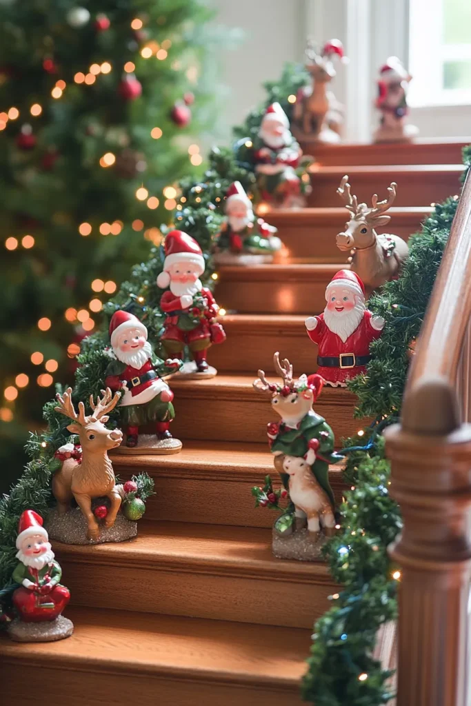 Charming staircase christmas decor railings with Santa reindeer and elf statuettes placed on alternate steps