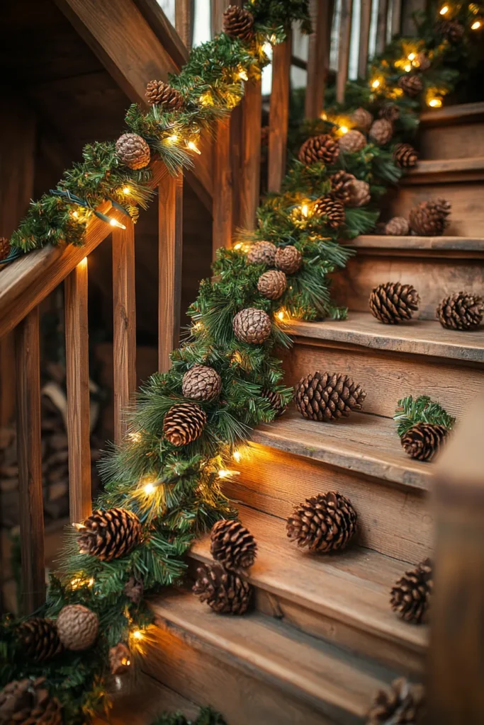 Cheap christmas staircase decor using pinecones and greenery staircase christmas decor railings easy to implement