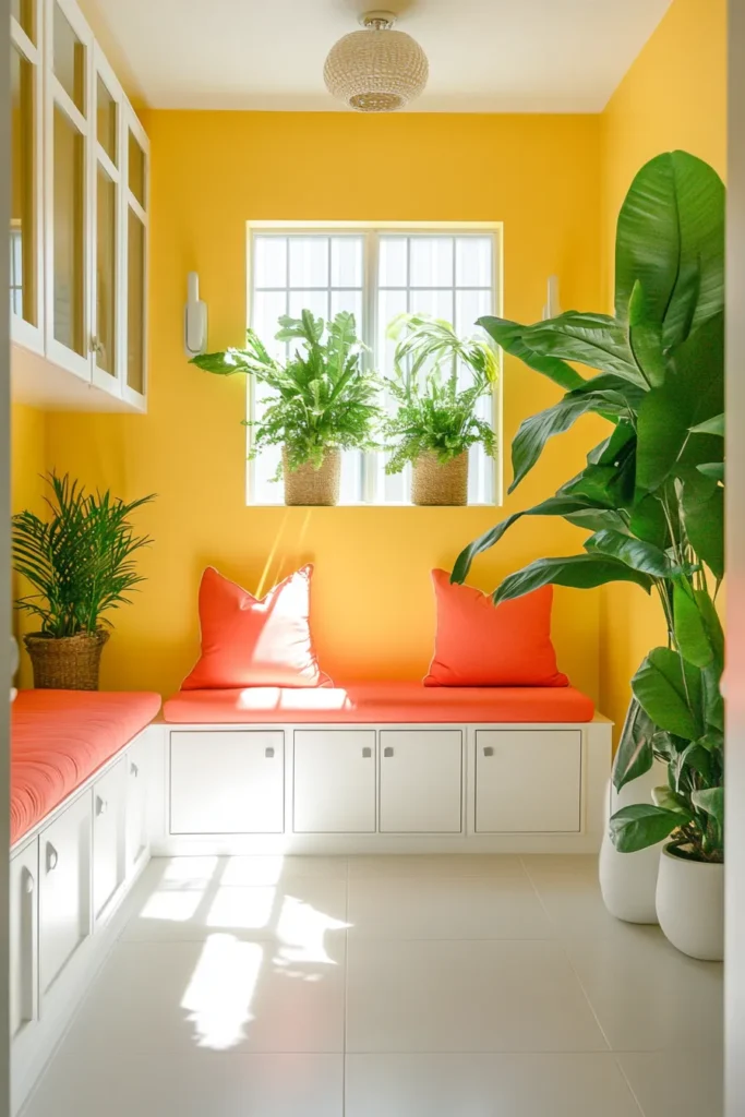 Cheerful mudroom minimalist design with yellow walls white cabinets and coral bench cushions