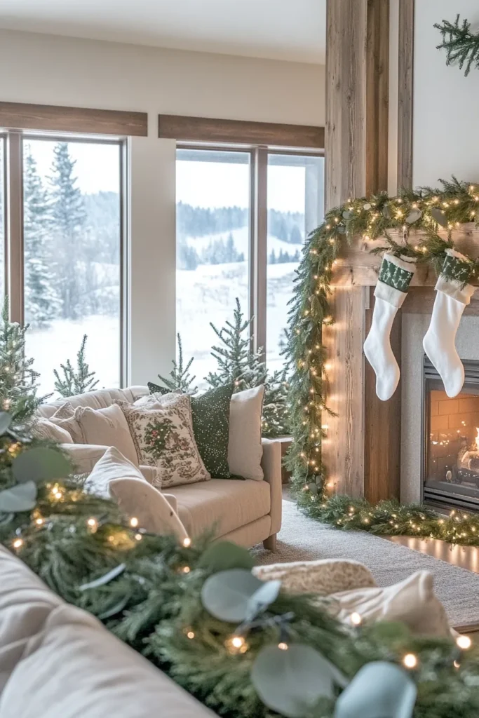 Christmas decor ideas for living room farmhouse style featuring greenery and warm lighting