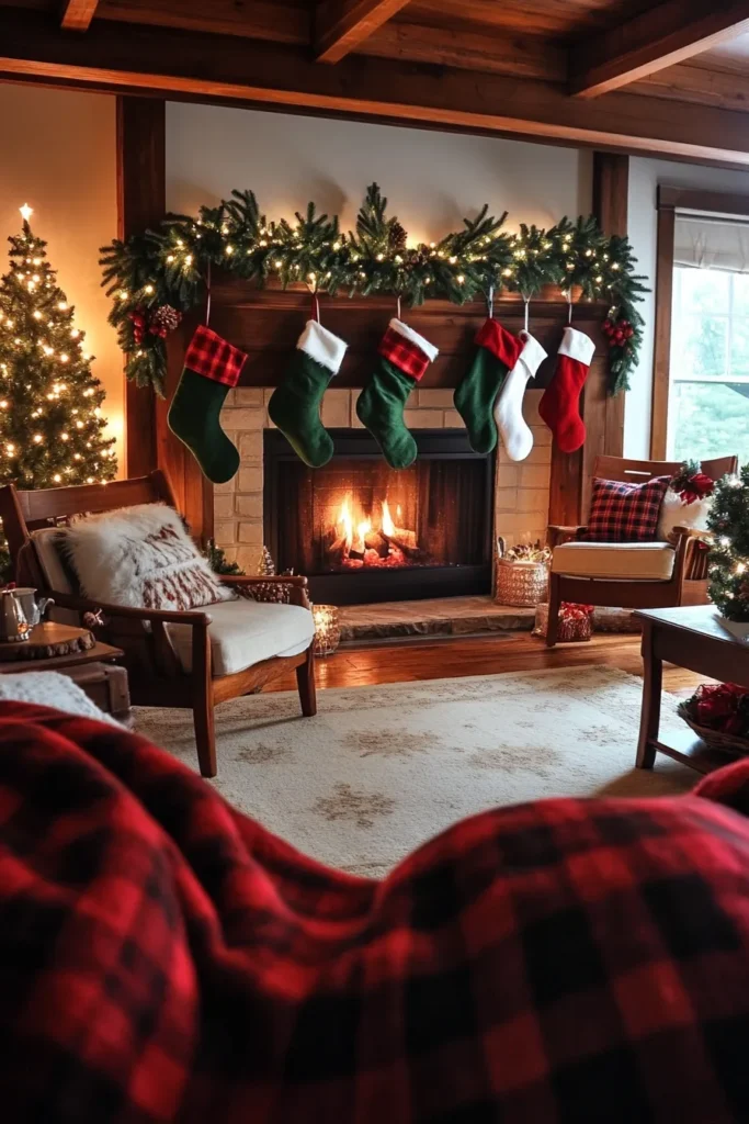 Christmas decor ideas for living room farmhouse style with deep red plaids forest green garlands and farmhouse Christmas living room