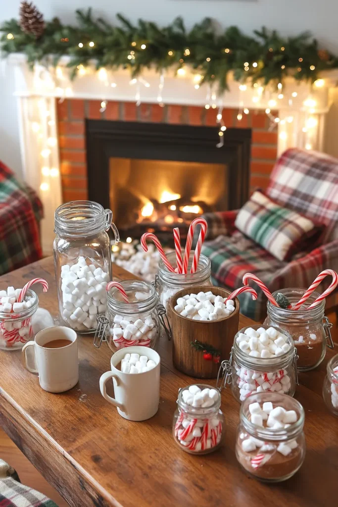 Christmas living room ideas farmhouse style featuring hot cocoa station wooden table and festive decorations