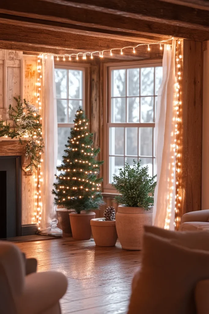 Christmas living room ideas farmhouse style featuring warm LED lights and plush armchairs for cozy atmosphere