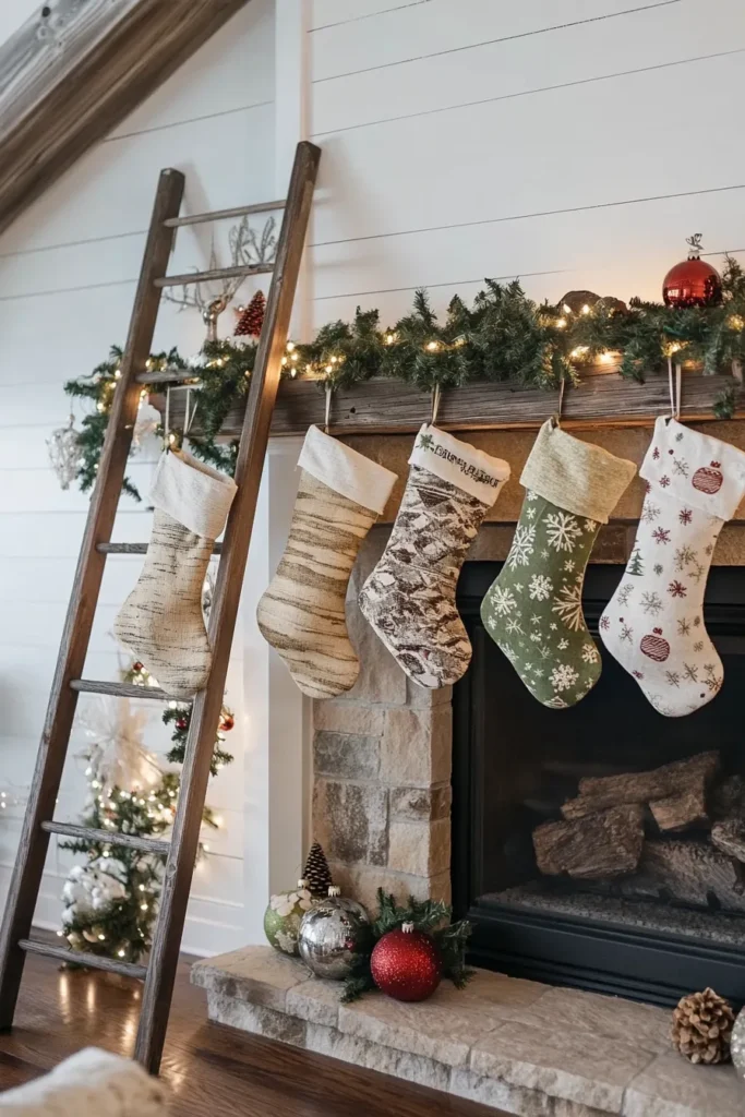 Christmas living room ideas farmhouse style with creative stocking arrangements and warm ambiance